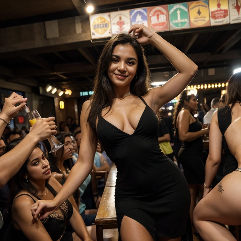 Modelo brasileira, friendly about 20 years ago, sorrir, academia, Posar no Instagram, noite, lotado, Bebidas, alcohol, boate, music, dancing, spontaneous, nightclub, crowded, lots of people close, she wears a black dress