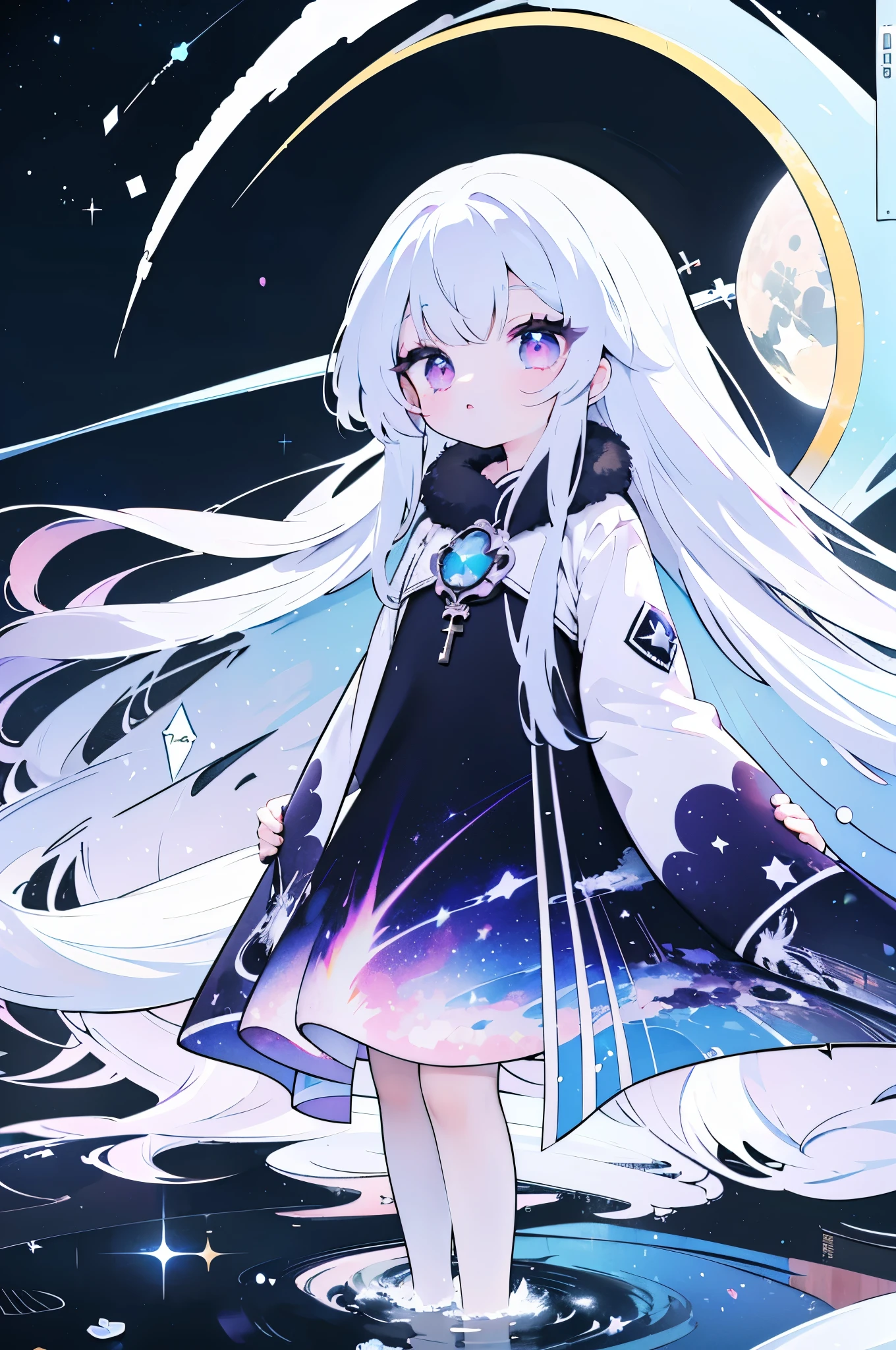 Anime girl with long white hair and purple eyes, super long hair，Splash art anime Loli, azure lane style, Detailed key anime art, style of anime4 K, Clean and detailed anime art, Anime art wallpaper 4k, anime art wallpaper 4k, zerochan art, trending on artstation pixiv, Digital art on Pixiv, Detailed anime art, Pixiv style，The ultimate in starry sky color，meteor，Romantic cadenza，Halo，long skirt,Halo，stars，waning moon，starlight，(star:1.3),meteor，