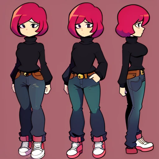 magenta hair,hair is styled in a bun,magenta bangs,black turtleneck,jeans,jean pants,white skin,bleach white skin,bangs covering eyes,black canvas shoes,cancas shoes,reference,reference sheet