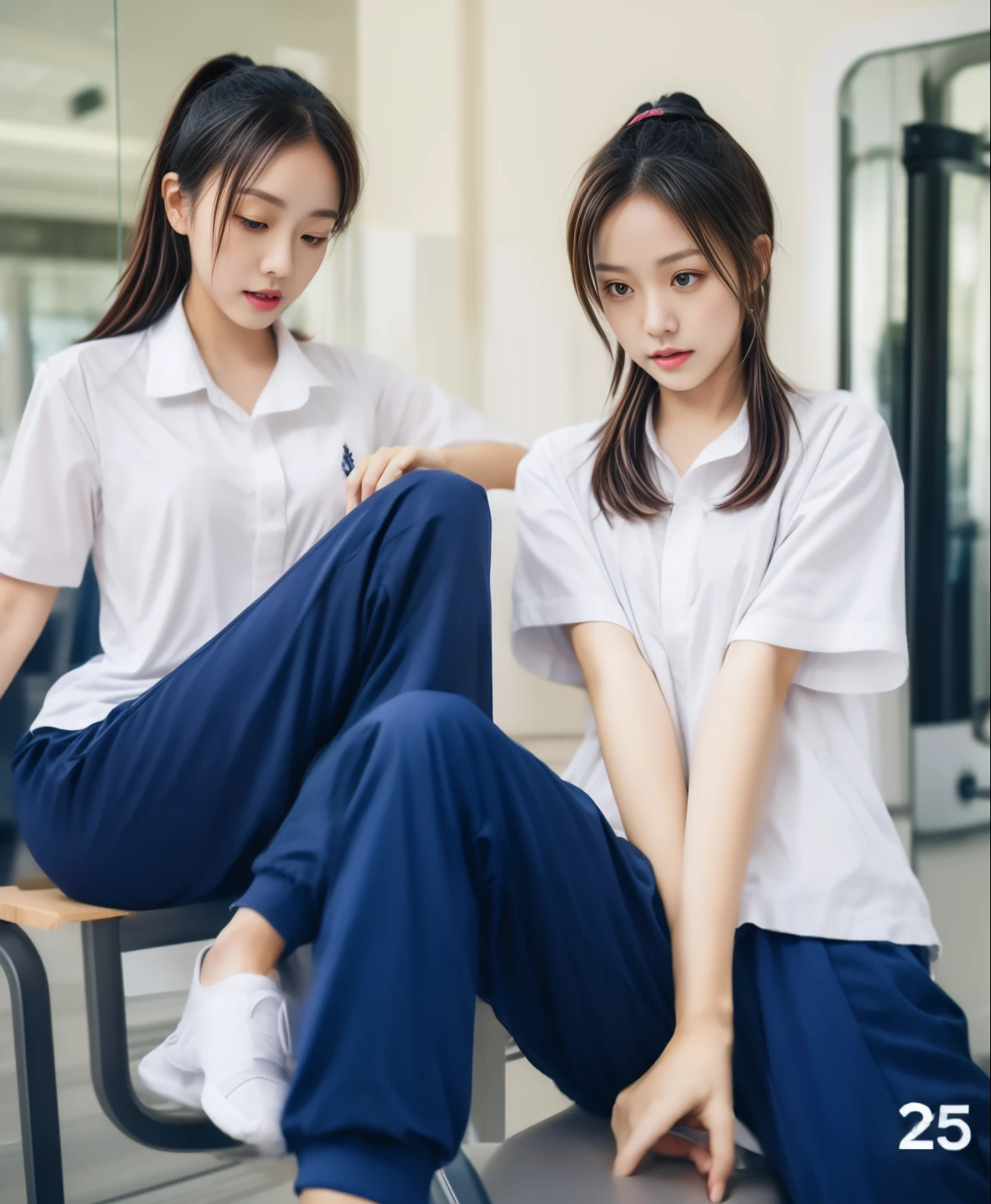 3 girls in fitness center, Blue short-sleeved shirt,Sweatpantsขายาวสีกรมท่า,Sweatpants, Sweatpantsขายาว,25 year old girl, lesbian, sexy, exercise clothes, wet body, exercise clothes