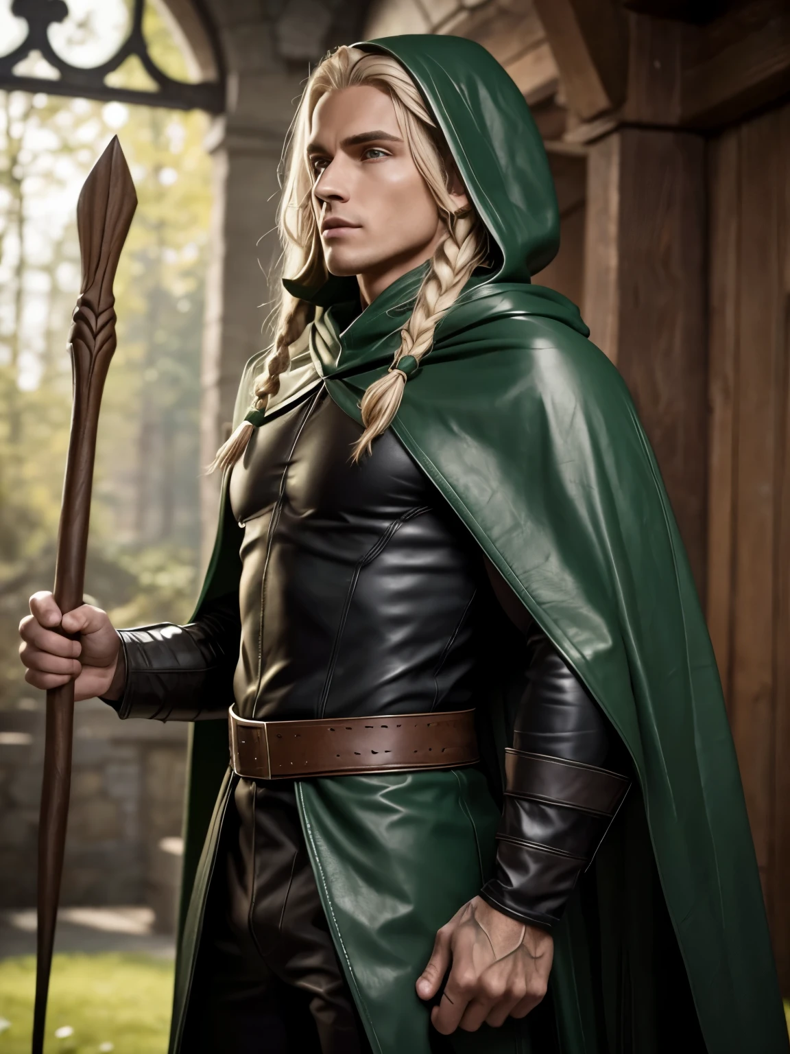 male elf, detailed elf ears, skinny, toned muscles, long braided blonde hair, green leather cape, green leather hood, black leather robe, full body view, vertical oak staff,