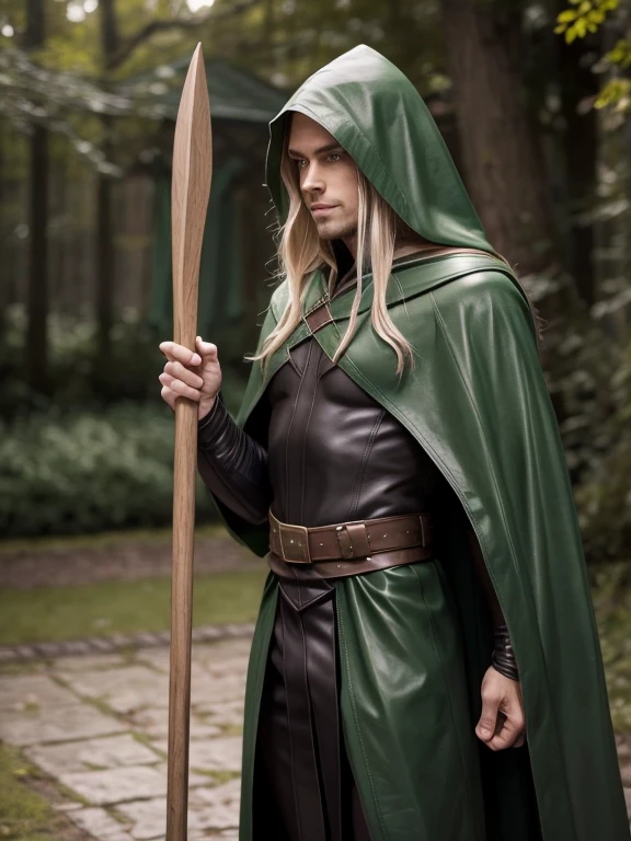 male elf, detailed elf ears, skinny, toned muscles, long braided blonde hair, green leather cape, green leather hood, black leather robe, full body view, vertical oak staff,