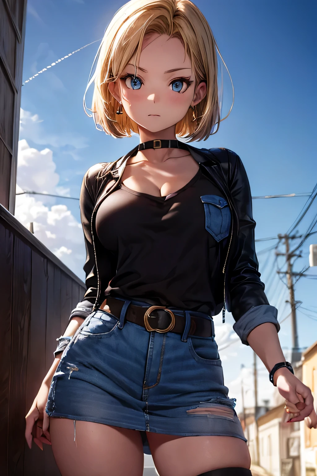 android 18, android 18, blonde hair, blue eyes, eyelash, hoop earrings, short hair, earrings, break belt, black legwear, black shirt, breast pocket, cleavage, clavicle, denim, denim skirt, high-waist skirt, jewelry, long sleeve, pocket, shirt, shirt tucked in, skirt, striped, striped sleeves, waistcoat,, break outdoors, city, null, cloud, sun, break looking at viewer, (cowboy shot:1.5), break (masterpiece:1.2), highest quality, High resolution, unity 8k wallpaper, (shape:0.8), (beautiful and detailed eyes:1.6), highly detailed face, perfect lighting, Very detailed CG, (perfect hands, perfect anatomy)