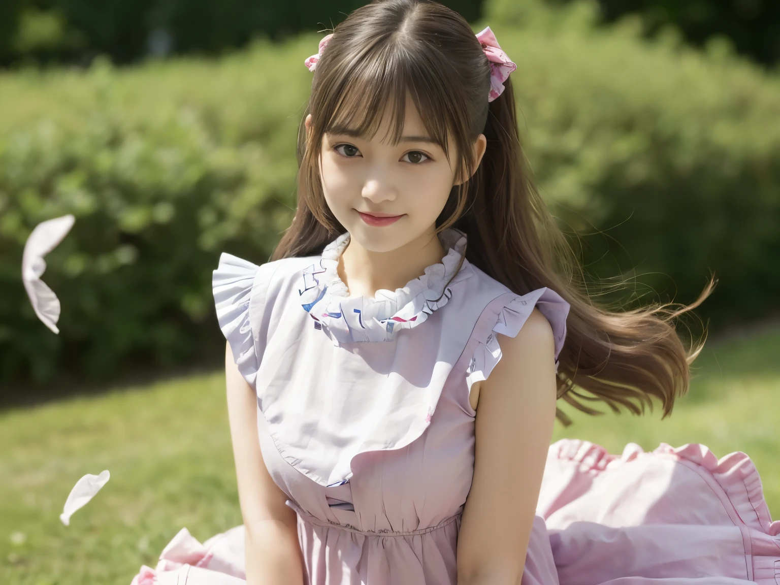 adorable, 14 years, japanese girl, (Frilled summer dress fluttering in the wind :1.4), curly hair, hair scrunchie, twin tails, (Suggestive:1.2), (smile:0.8), (highly detailed eyes:1), (highest quality:1.0), (Super high resolution:1.0) ,(photo-realistic:1), (super detailed:1.0), (8K RAW photo:1.1),looking at the viewer, , ( wind lift:1), leaning forward