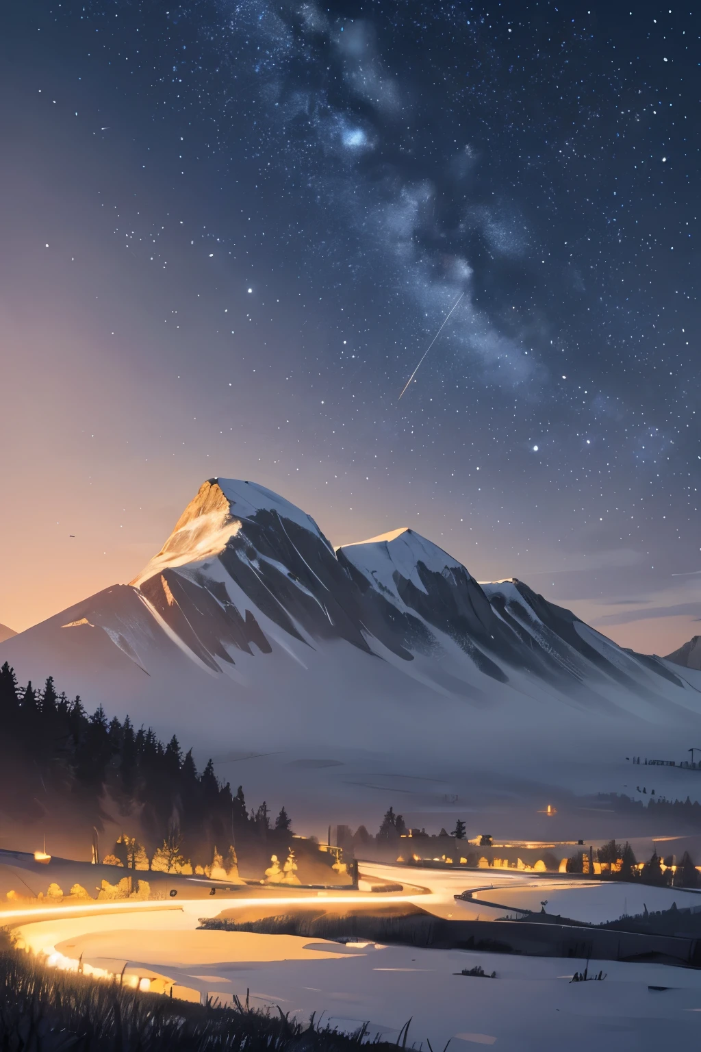 Masterpiece (best quality: 1.2, 4k, 8k, highres: 1.1), ultra-detailed, realistic, night scene, rural road, empty and quiet, moonlit, peaceful and calm, serene and tranquil, starry sky, starlit, lone, twilight, featuring tall grass that rustles gently in the cool breeze, crisp air, and distant hills with their dark silhouettes. The scene is filled with a meditative atmosphere as the twinkling stars shine bright against the backdrop of the night sky. The stillness of the scene is only broken by the occasional sound of crickets chirping or the wind whispering through