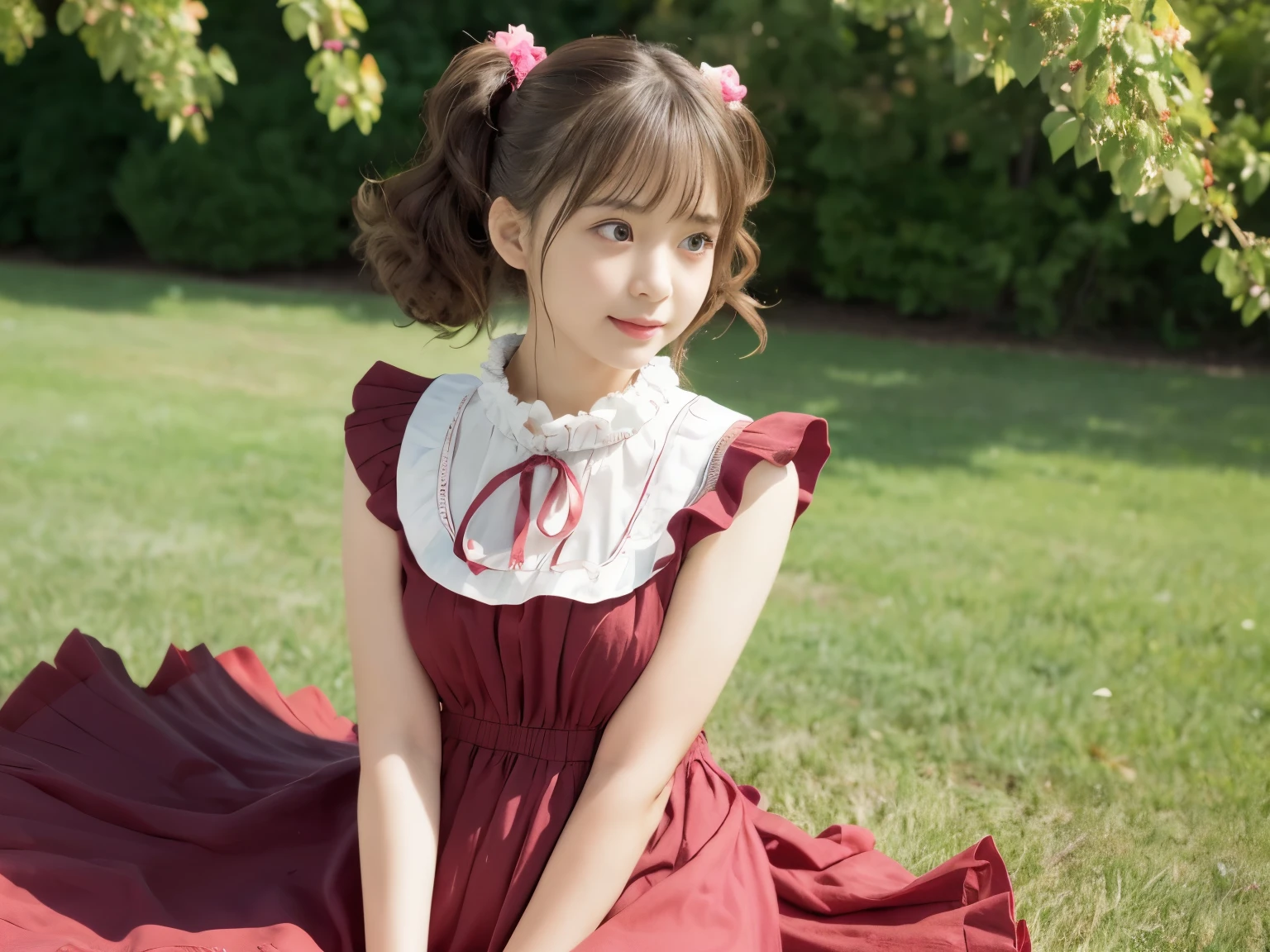 adorable, , japanese girl, (Frilled summer dress fluttering in the wind :1.4), curly hair, hair scrunchie, twin tails, (Suggestive:1.2), (smile:0.8), (highly detailed eyes:1), (highest quality:1.0), (Super high resolution:1.0) ,(photo-realistic:1), (super detailed:1.0), (8K RAW photo:1.1),looking at the viewer, , ( wind lift:1), leaning forward