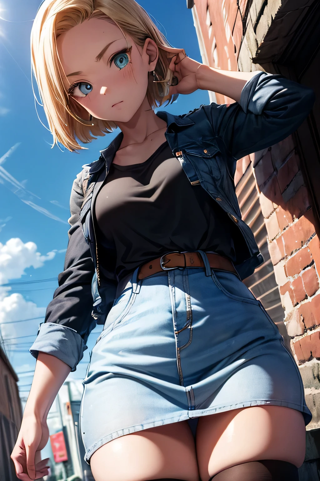 android 18, android 18, blonde hair, blue eyes, eyelash, hoop earrings, short hair, earrings, break belt, black legwear, black shirt, breast pocket, cleavage, clavicle, denim, denim skirt, high-waist skirt, jewelry, long sleeve, pocket, shirt, shirt tucked in, skirt, striped, striped sleeves, waistcoat,, break outdoors, city, null, cloud, sun, break looking at viewer, (cowboy shot:1.5), break (masterpiece:1.2), highest quality, High resolution, unity 8k wallpaper, (shape:0.8), (beautiful and detailed eyes:1.6), highly detailed face, perfect lighting, Very detailed CG, (perfect hands, perfect anatomy)