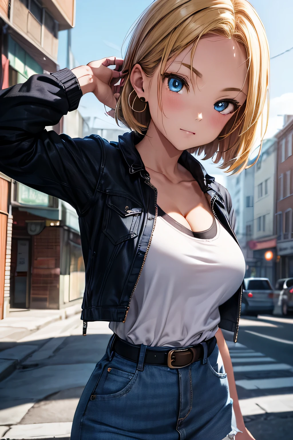 android 18, android 18, blonde hair, blue eyes, eyelash, hoop earrings, short hair, earrings, break belt, black legwear, black shirt, breast pocket, cleavage, clavicle, denim, denim skirt, high-waist skirt, jewelry, long sleeve, pocket, shirt, shirt tucked in, skirt, striped, striped sleeves, waistcoat,, break outdoors, city, null, cloud, sun, break looking at viewer, (cowboy shot:1.5), break (masterpiece:1.2), highest quality, High resolution, unity 8k wallpaper, (shape:0.8), (beautiful and detailed eyes:1.6), highly detailed face, perfect lighting, Very detailed CG, (perfect hands, perfect anatomy)