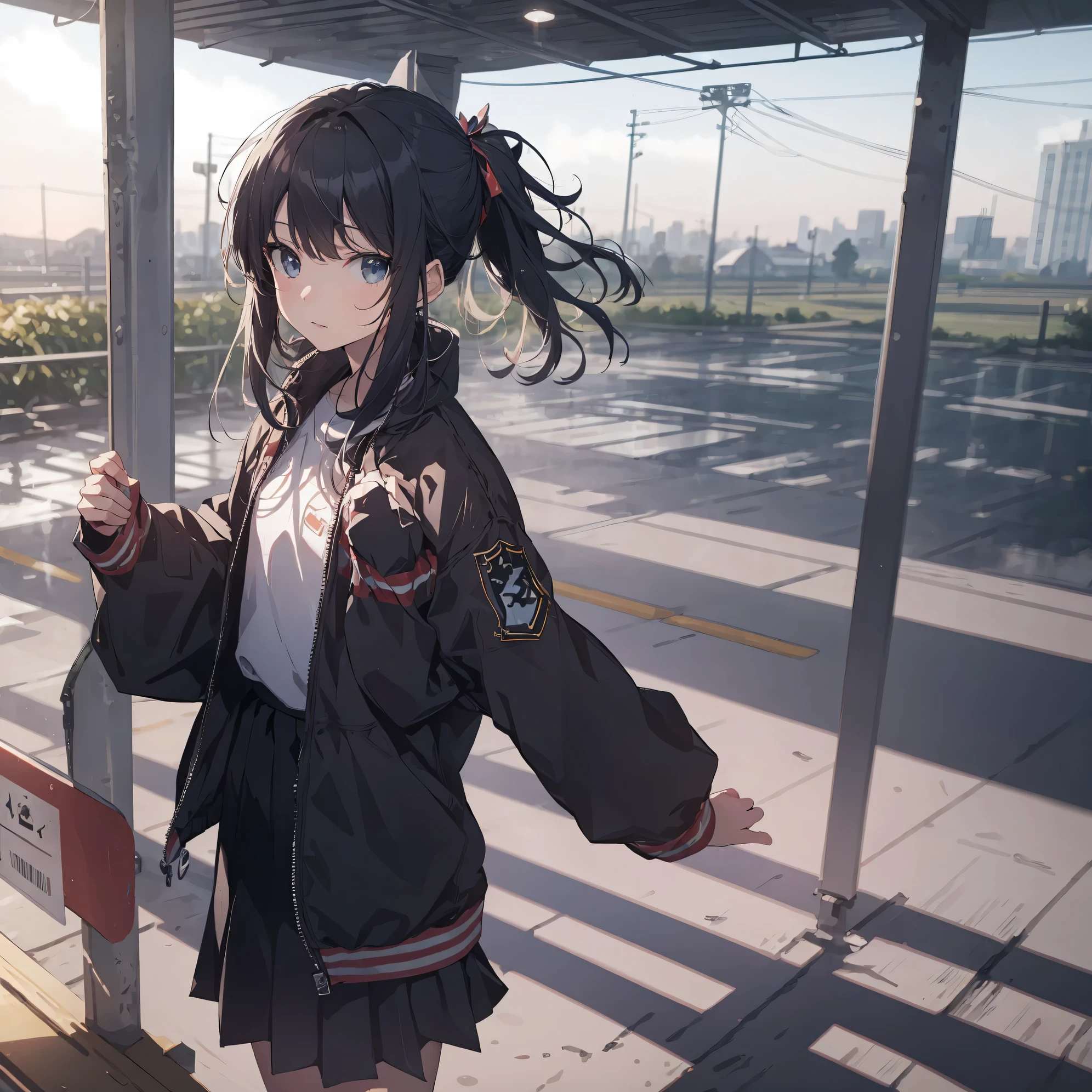Super high quality by the art god, super detailed, High resolution,Fujiyama style, anime moe art style, best anime 8K konachan wallpaper, pixiv contest winner, perfect anatomy, break,(Please draw a girl with round glasses walking sleepily to school alone. ),break, surreal high school girl, (alone,lolita, , 13 years old:1.3),All limbs, full finger,, androgynous charm, blown hair, (short bob), ponytail, flat chest, small ass, between legs, round glasses, Small black eyes,beautiful and fine eyes, Well-proportioned iris and pupils, High resolutionの詳細な髪,light smile, wearing school uniform, (skirt), On the way to school. break,super dense skin, Best lighting by famous artists, 8K, figure,