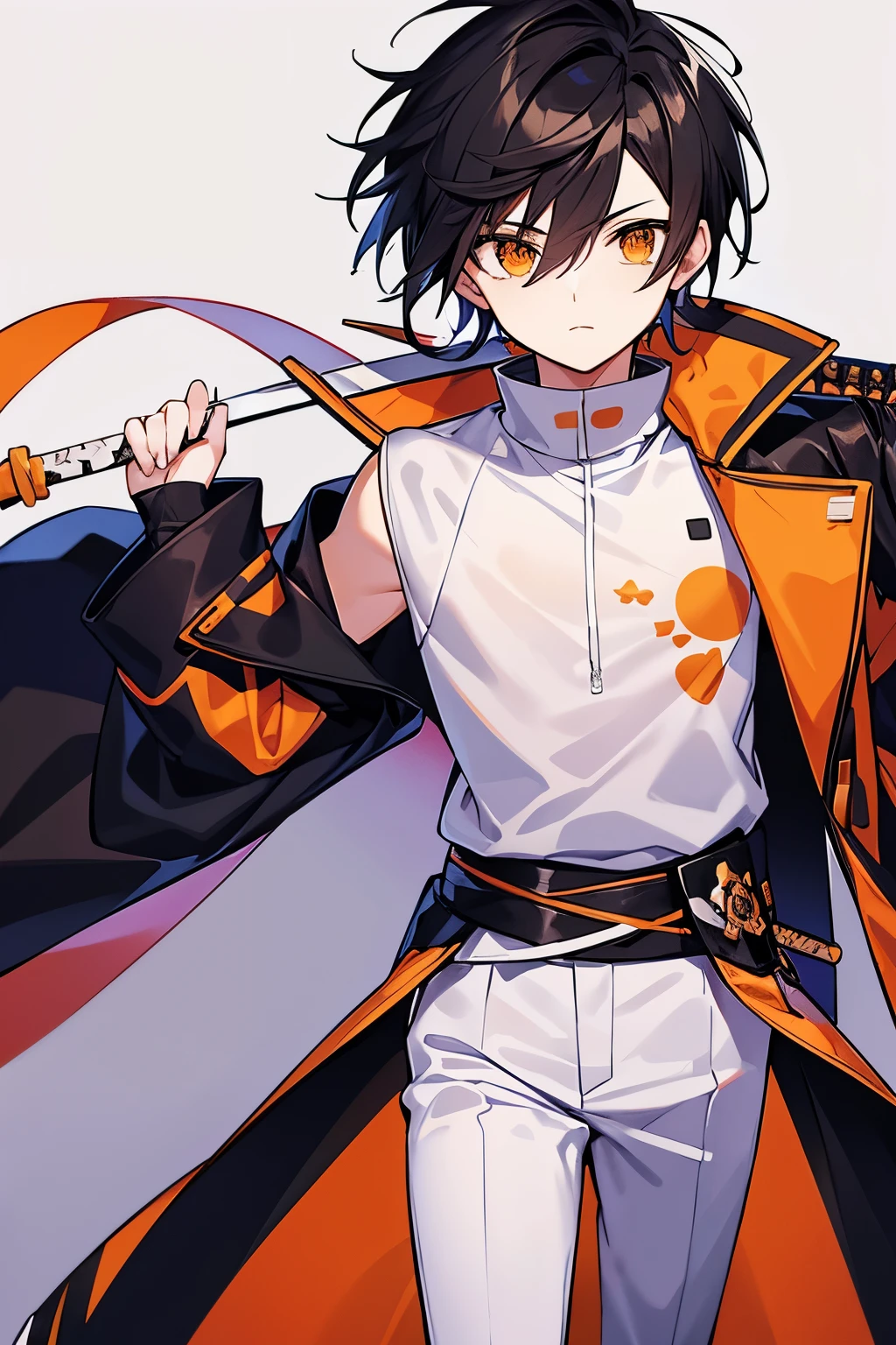 He wears clothes with clouds printed on them., The color of this cloud is white, he is wearing an orange scarf and a black jacket, The hairstyle is short hair, he has a sword in his right hand