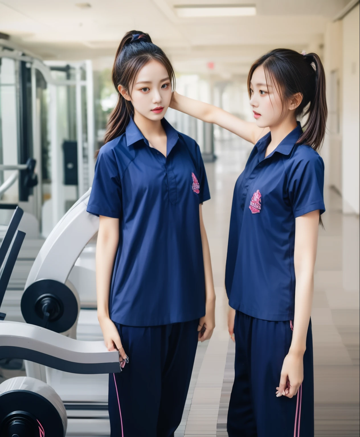 2 girls in fitness center, Navy blue short-sleeved shirt,Navy Long Trackpant,Sweatpants, Sweatpantsขายาว,25 year old girl, lesbian, sexy, exercise clothes, wet body