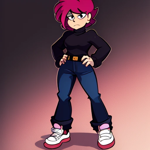magenta hair,hair is styled in a bun,magenta bangs,black turtleneck,jeans,jean pants,white skin,bleach white skin,bangs covering eyes,black canvas shoes,cancas shoes,reference,reference sheet