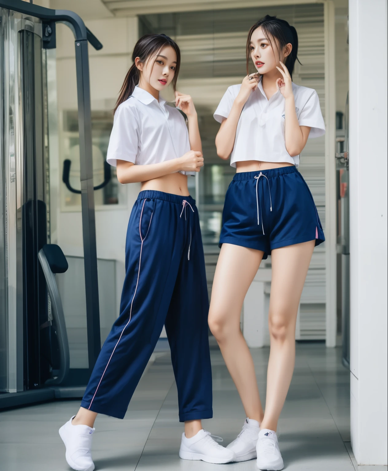 2 girls in fitness center, Navy blue short-sleeved shirt,Navy Long Trackpant,Sweatpants, Sweatpantsขายาว,25 year old girl, lesbian, sexy, exercise clothes, wet body