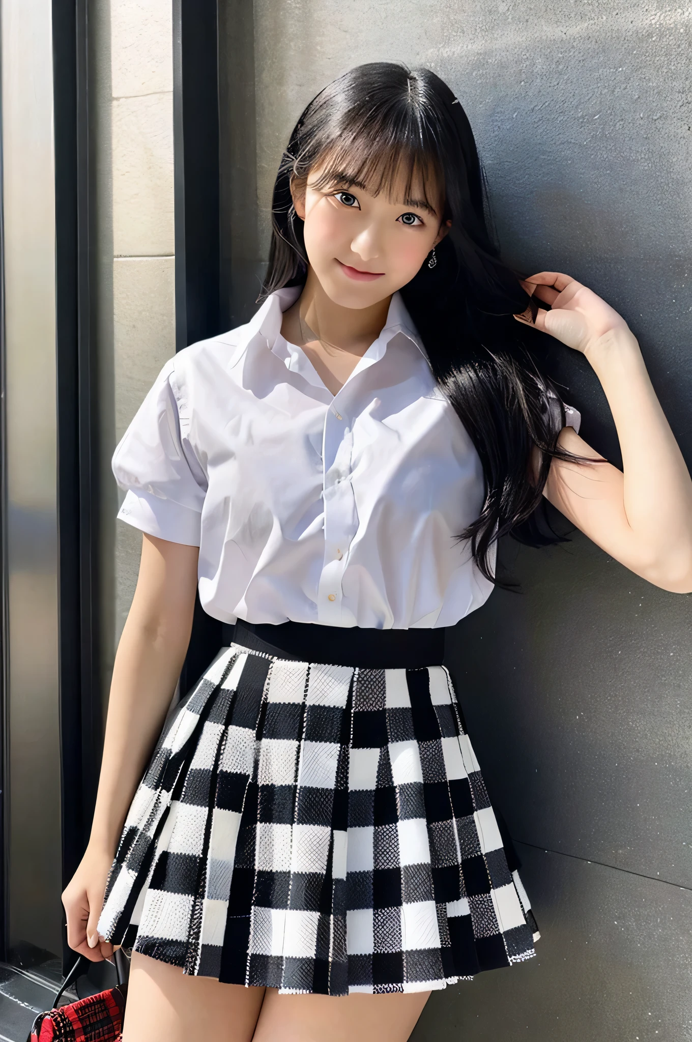 An 18-year-old high school girl wearing a black check miniskirt and a white shirt...(black hair)