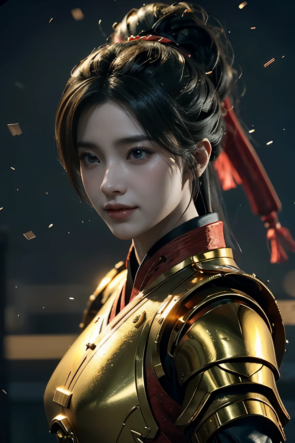 Game art，The best picture quality，Highest resolution，8K，(A bust photograph)，(Portrait from bust:1.5)，(Head close-up)，(Rule of thirds)，Unreal Engine 5 rendering works， (The Girl of the Future)，(Female Warrior)， 
20岁少女，(The warrior in ancient China)，(Short ponytail hairstyle)，An eye rich in detail，(Big breasts)，优雅高贵，冷漠，(Smile)，
(The costume of Chinese swordsman elements，Costumes of ancient Chinese characters，Armor，The costume is red and gold，Heavy armour，Joint Armor)，(Chinese Hanfu:1.3)，人物，奇幻风格，
拍照姿势，野外背景，Movie lights，Ray tracing，Game CG，((3D Unreal Engine))，oc渲染反射纹