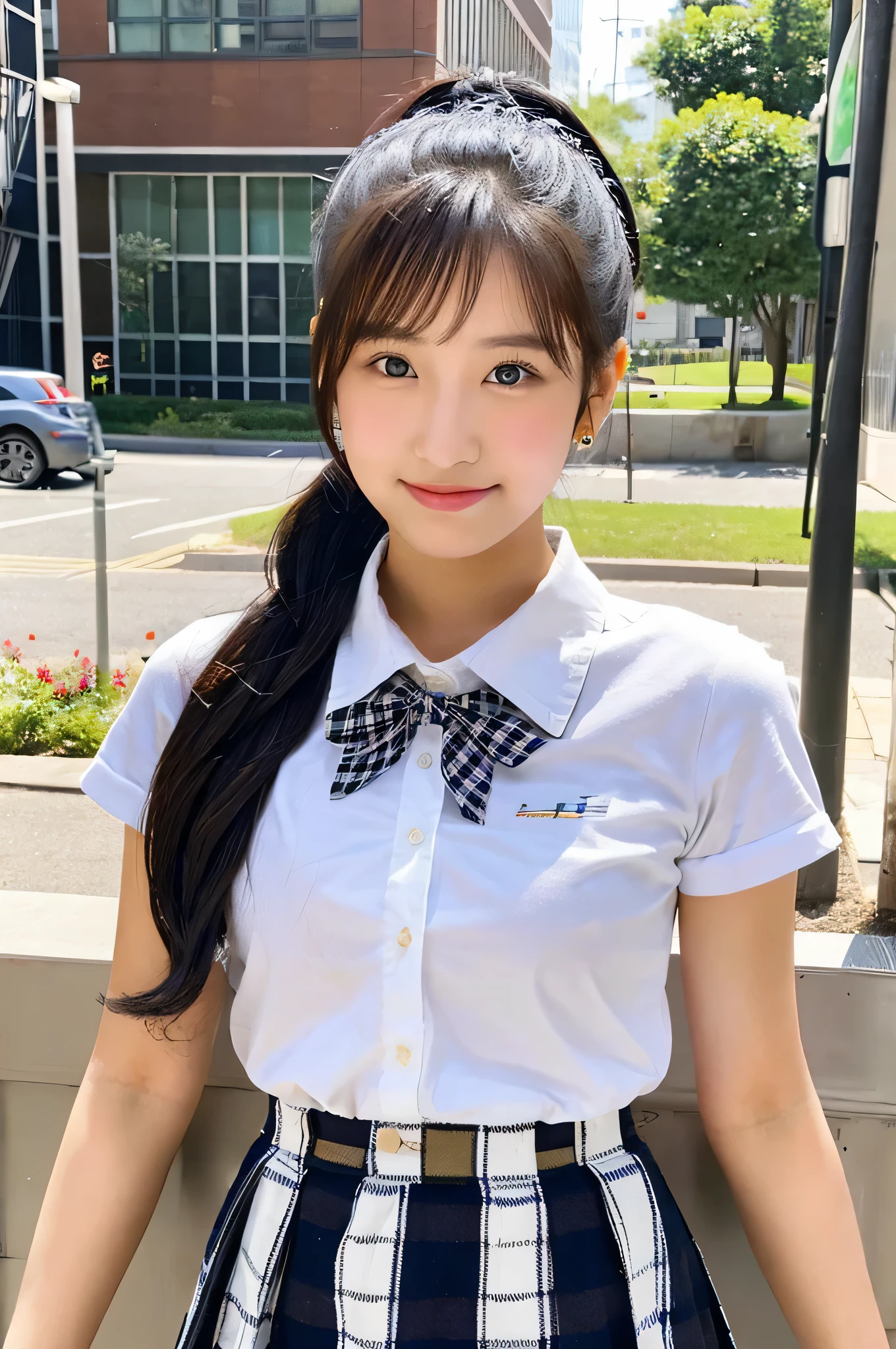 A cute 18-year-old high school girl wearing a checked miniskirt and white shirt...(black hair ponytail)