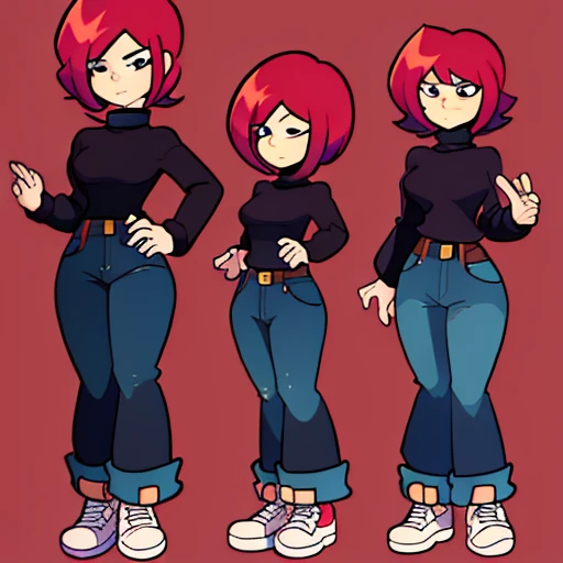 magenta hair,hair is styled in a bun,magenta bangs,black turtleneck,jeans,jean pants,white skin,bleach white skin,bangs covering eyes,black canvas shoes,cancas shoes,reference,reference sheet