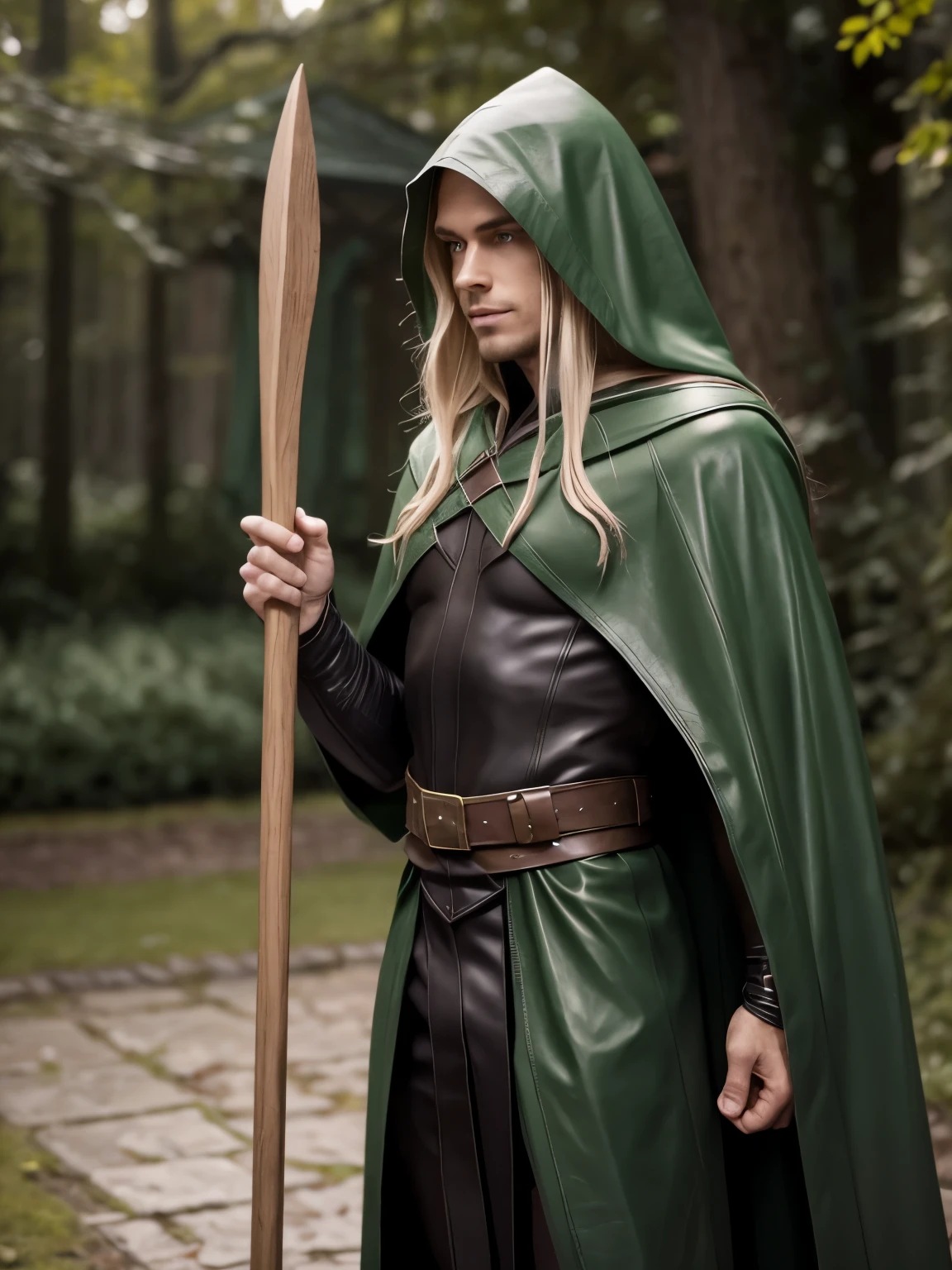 male elf, detailed elf ears, skinny, toned muscles, long braided blonde hair, green leather cape, green leather hood, black leather robe, full body view, vertical oak staff,