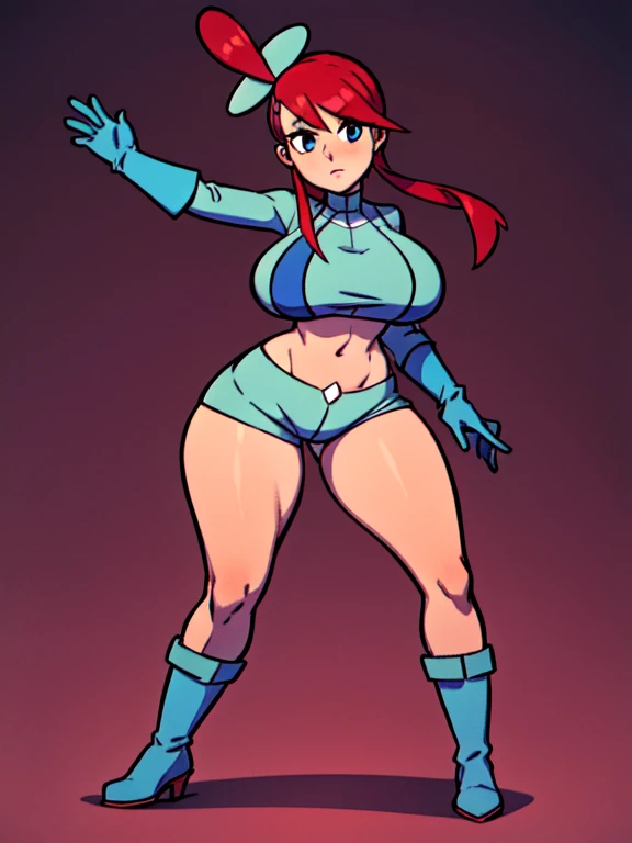 FostersStyle, red hair,slutty outfit, seductive, abstract background, looking at viewer, slutty , , slutty pose, seductive expression, standing, black eyes, sfw, massive tits, massive ass, looking at viewer, pokemonskyla, blue eyes, hair ornament, one side up, red hair, short hair with long locks, sidelocks, blue footwear, blue gloves, blue jacket, blue shorts, boots, crop top, cropped jacket, gloves, jacket, midriff, navel, short shorts, shorts, thigh pouch