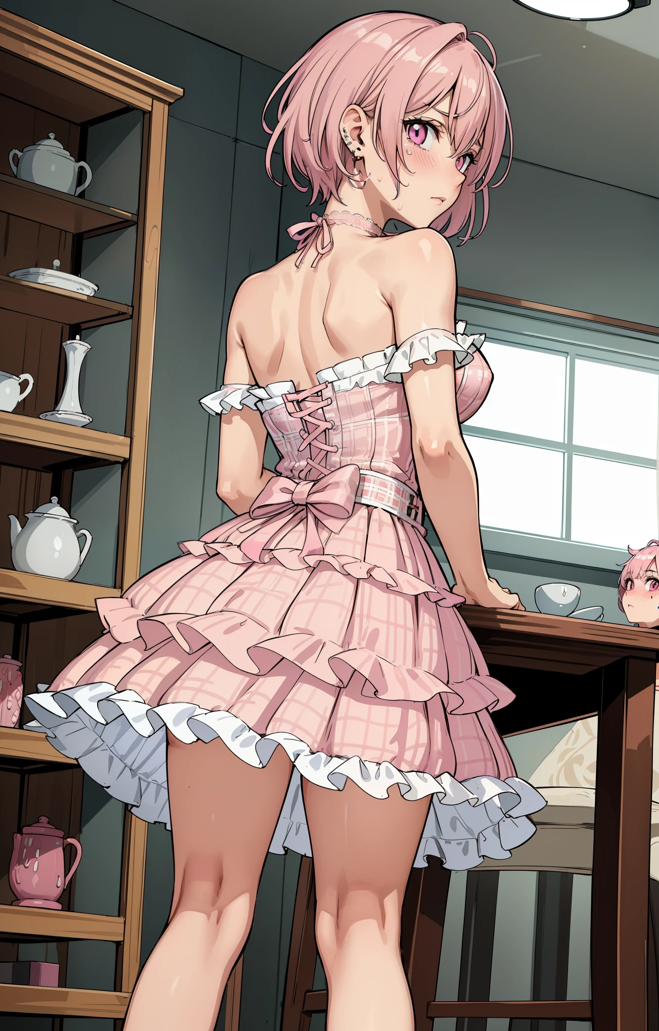 NSFW:1.6,buckshot:1.3,NSFW:1.6,8K Wallpaper, masterpiece, best quality, illustration, perfect anatomy,looking at viewer,Beautiful girl in her 20s ,(pink eyes) ,break((light pink hair),(light pink short hair)),break(troubled face),blush,medium breasts,tears:0.2, break(light pink and white theme:1.5), break(Tweed light pink strapless short camisole with lace-ups:1.4), break((bare shoulders:1.3), (ruffled shoulder strap:1.4), break(Ruffled tweed microlight pink tiered skirt:1.4), skirt lift:1.6,break(white pantyhose:1.2), break(light pink choker:1.3), (earrings:1.2), break ((on all fours, from behind)),((Put your hands on the table)),break(bottomless),(Naked female genitalia), break(Piercing the vagina, Uterus, urethral opening),break(Inside the Antiques Library),sweaty:1.6,break/cat focus:1.6,Showing your:1.4