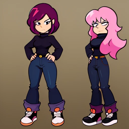 magenta hair,hair is styled in a bun,magenta bangs,black turtleneck,jeans,jean pants,white skin,bleach white skin,bangs covering eyes,black canvas shoes,cancas shoes,reference,reference sheet