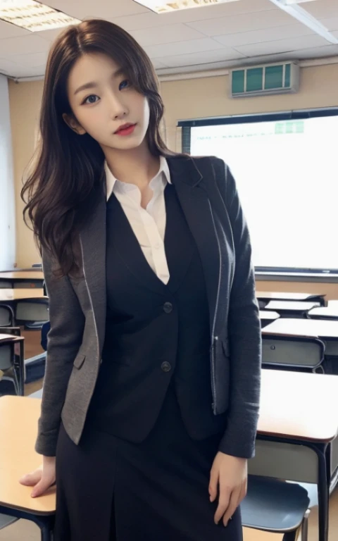 School Teachers、classroom、Put on your jacket、butt、Very sexy、A woman with the same face as last time(misaki)、４Ｋ、１people&#39;s women、slender、 Loose wavy styling 、full body shot、seductive and attractive,Including face and skin texture，detailed eyes、Looks like fun