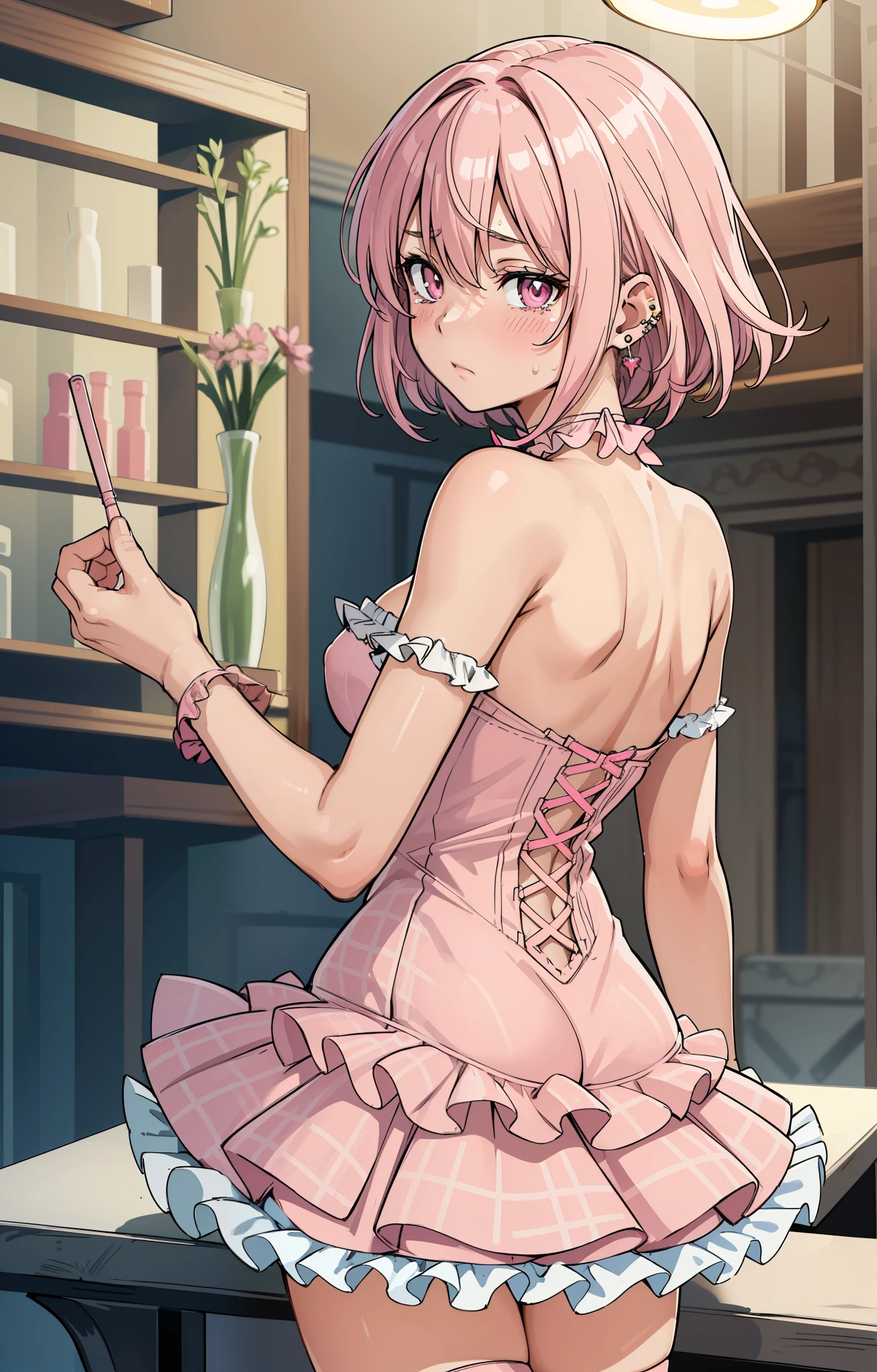 NSFW:1.6,buckshot:1.3,NSFW:1.6,8K Wallpaper, masterpiece, best quality, illustration, perfect ???????,looking at viewer,Beautiful girl in her 20s ,（pink eyes) ,break（(light pink hair）,（light pink short hair)),break（troubled face）,blush,medium breasts,tears:0.2, break(light pink and white theme:1.5),  break(Tweed light pink strapless short camisole with lace-ups:1.4), break((bare shoulders:1.3), (ruffled shoulder strap:1.4), break(Ruffled tweed microlight pink tiered skirt:1.4), skirt lift:1.6,break(white pantyhose:1.2), break(light pink choker:1.3), (earrings:1.2), break （(on all fours, from behind)）,（(Put your hands on the table)）,break（bottomless）,（Naked female genitalia）, break（Piercing the vagina, Uterus, urethral opening）,break（Inside the Antiques Library),sweaty:1.6,break/cat focus:1.6,Showing your:1.4