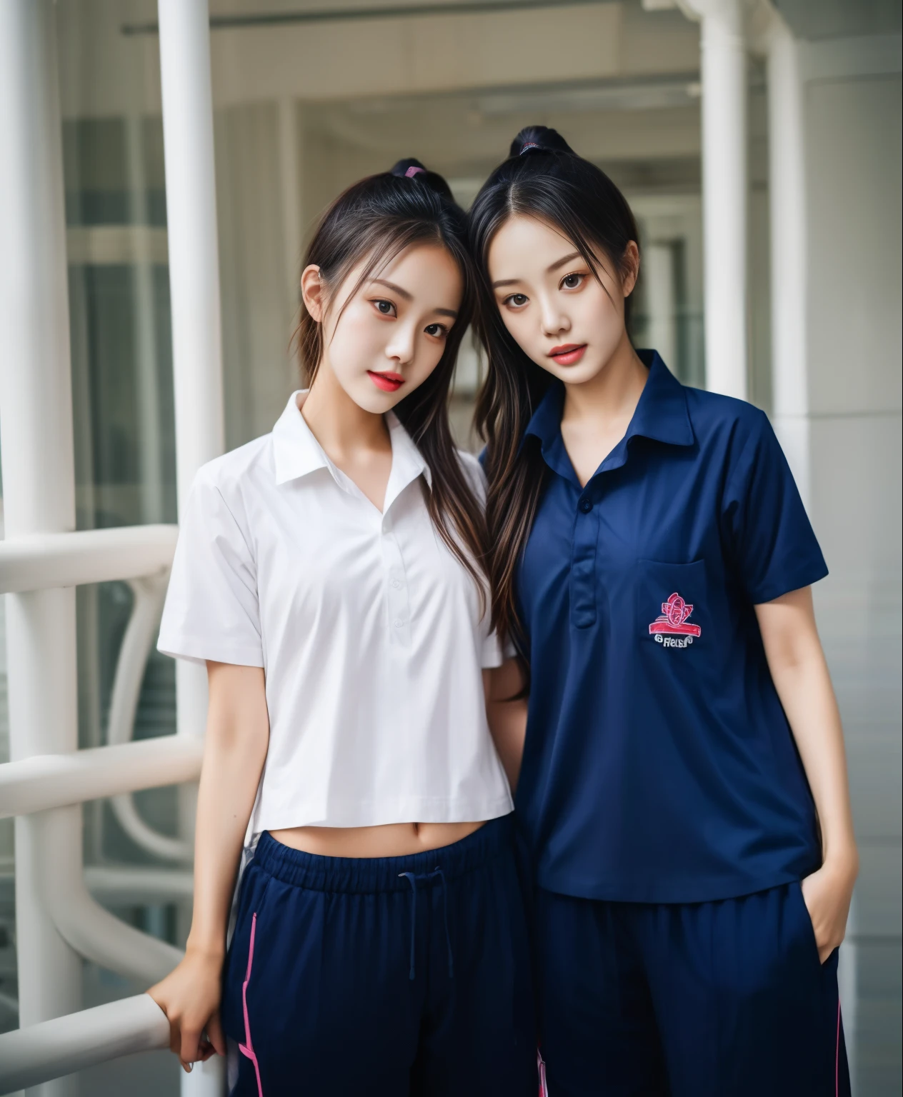 2 girls in fitness center, Navy blue short-sleeved shirt,Navy Long Trackpant,Sweatpants, Sweatpantsขายาว,25 year old girl, lesbian, sexy, exercise clothes, wet body