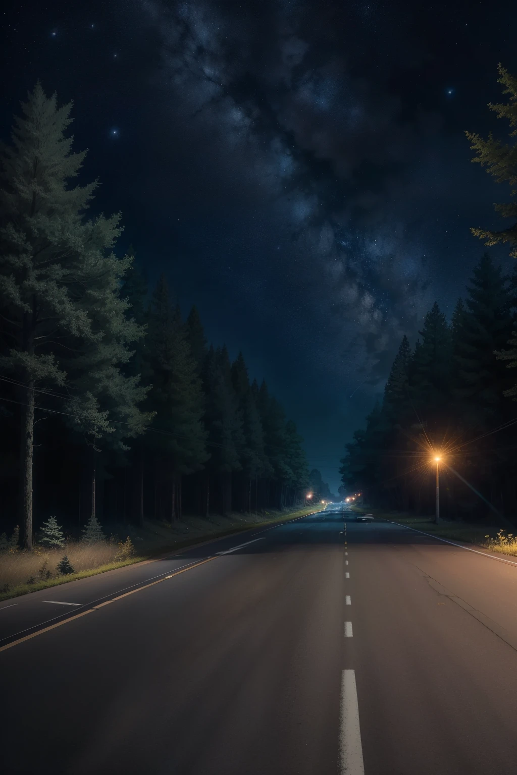 A hauntingly beautiful night scene of an empty interstate road. The background is painted with a deep indigo sky filled with twinkling stars. The road stretches out before you, a long winding ribbon of black asphalt vanishing into the distance. The only sounds are the crickets chirping and the distant hum of a car engine. On either side of the road, tall trees with gnarled branches reach out, their leaves rustling softly in the evening breeze. The pavement is lined with yellow road markers, their paint fading under the moonlight. The air is cool and still, a sense of solitude surrounding the empty interstate road.--s2
((masterpiece