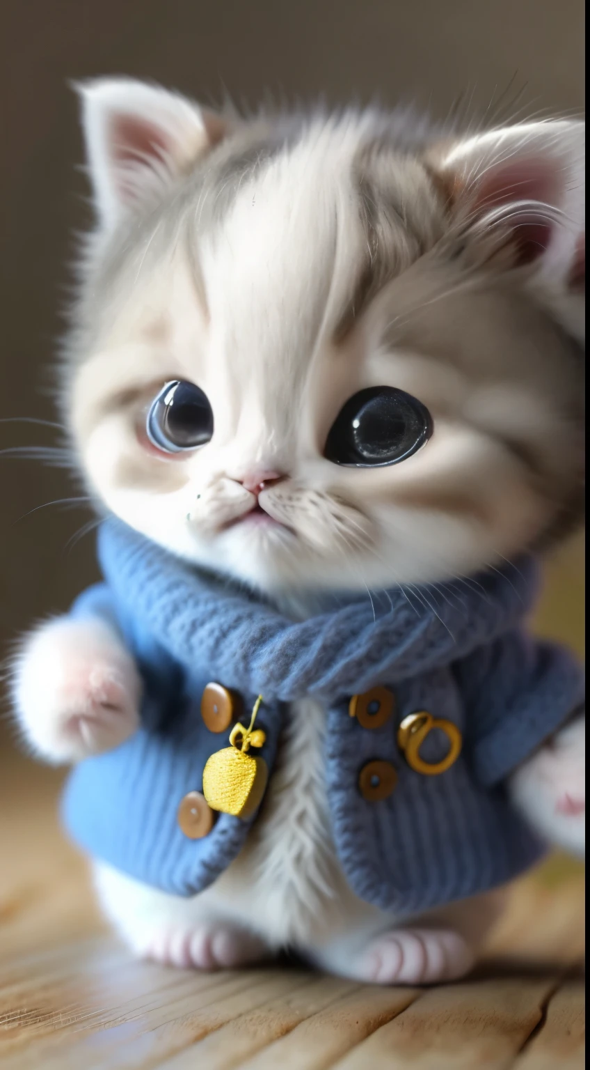 kitten in clothes， miniature kitten， Animal focus， bearded， Realistic， Gonzo hand， ambiguous background，smile，interesting、