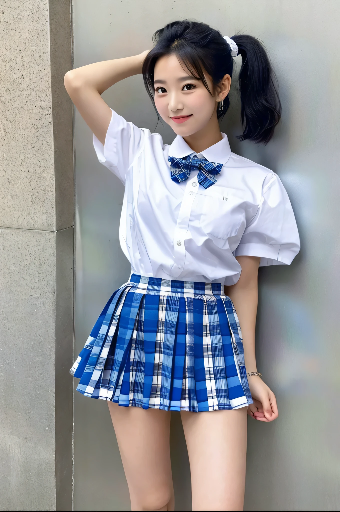 A cute 18-year-old high school girl wearing a blue plaid super miniskirt and a white shirt...（black hair ponytail）