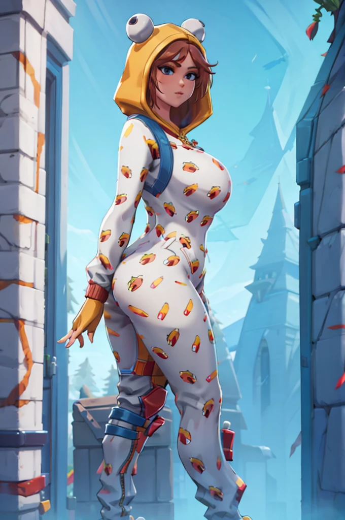 Onesie fortnite, skin tight outfit, thick thighs, butt, busty, hoodie, voluptuous, seductive, masterpiece, realistic, best quality, ultra detail, ultra high res, extreme detail, 8k