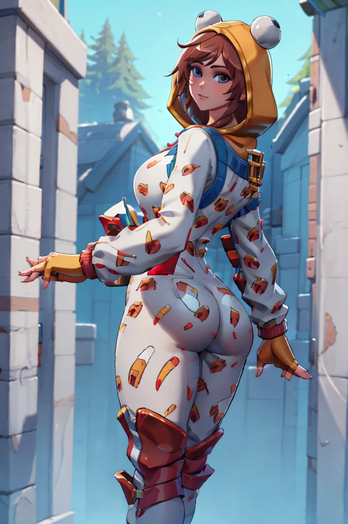 Onesie fortnite, skin tight outfit, thick thighs, butt, busty, hoodie, voluptuous, seductive, masterpiece, realistic, best quality, ultra detail, ultra high res, extreme detail, 8k