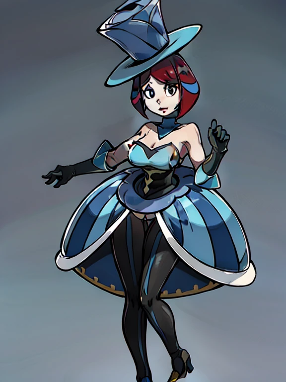 FostersStyle, red hair,slutty outfit, seductive, abstract background, looking at viewer, slutty , , slutty pose, seductive expression, standing, black eyes, sfw, massive tits, massive ass, looking at viewer, AAEVELYN,EYELASHES,BLUE EYES,BLUE HAIR,SHORT HAIR,MIDDLE PART,TOP HAT,DRESS,BLACK GLOVES,ELBOW GLOVES,BLACK PANTYHOSE,HIGH HEELS