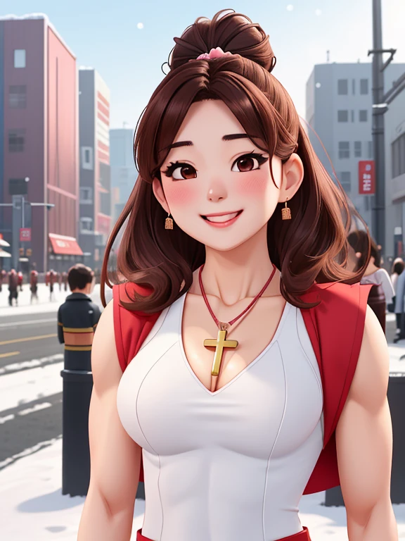 attractive korean woman, ripped muscle, muscular body, small breast, pale skin, smile(blush), sequins slit dress, cross necklace, sixpack abs, [ultra detailed skin:1.2], brown hair, hair bun, 8k uhd, full body, crowd, public, snow, standing,