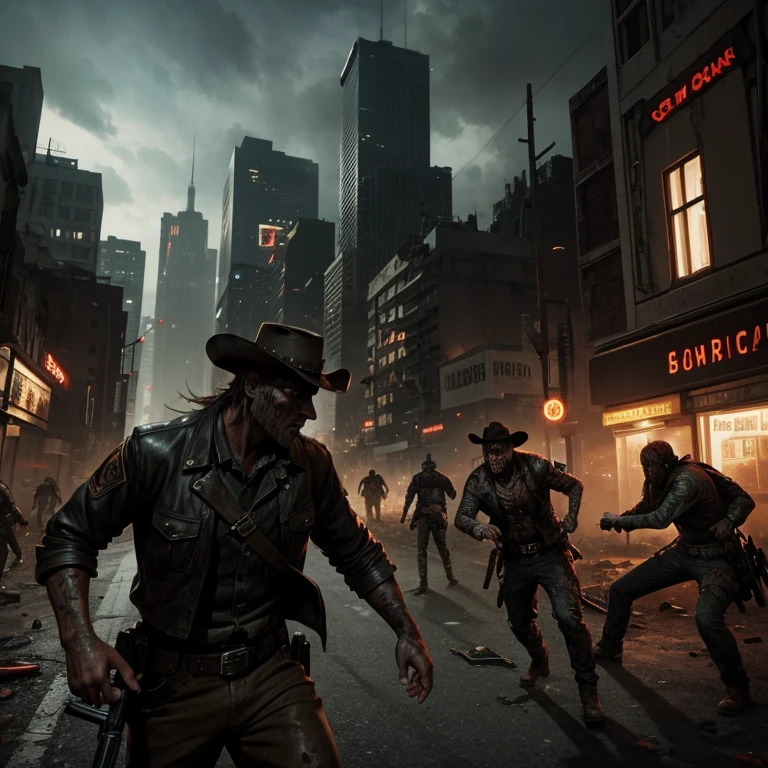 An apocalyptic future set in the city where zombies roam the cityscape. A lone cowboy warrior and German shepherd are surviving. Fighting off zombies