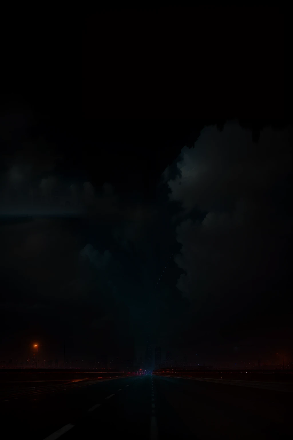 In the stillness of the night, an empty interstate road stretches before you, its surface bathed in the ethereal glow of illuminated streetlights. The cool color temperature of the scene casts long, haunting shadows, punctuated by the hazy atmosphere of the deserted environment. A moody and mysterious ambiance pervades the air as dark clouds hover overhead, their edges illuminated by random streaks of light from passing cars. The urban backdrop is defined by the distant city skyline, its silhouette an intricate blend of towering structures and glass facades, their reflections shimmering on the wet asphalt.

This ultra-detailed, photoreal