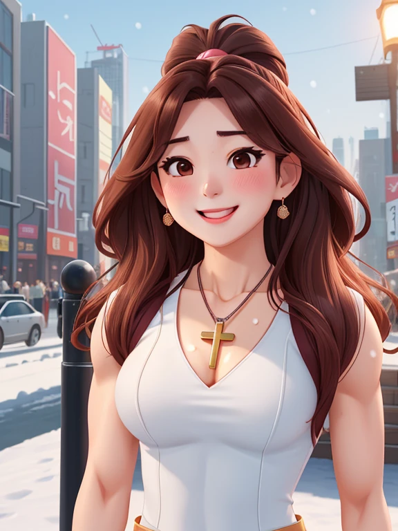 attractive korean woman, ripped muscle, muscular body, small breast, pale skin, smile(blush), sequins slit dress, cross necklace, sixpack abs, [ultra detailed skin:1.2], brown hair, long messy hair, 8k uhd, full body, crowd, public, snow, standing,