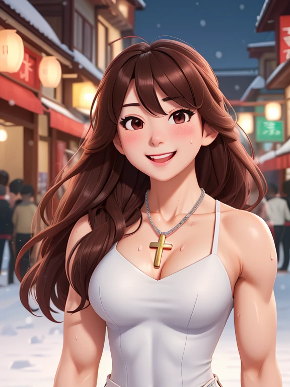 attractive korean woman, ripped muscle, muscular body, small breast, pale skin, smile, nude, cross necklace, sixpack abs, [ultra detailed skin:1.2], brown hair, wavy hair, 8k uhd, full body, crowd, public, temple, standing,