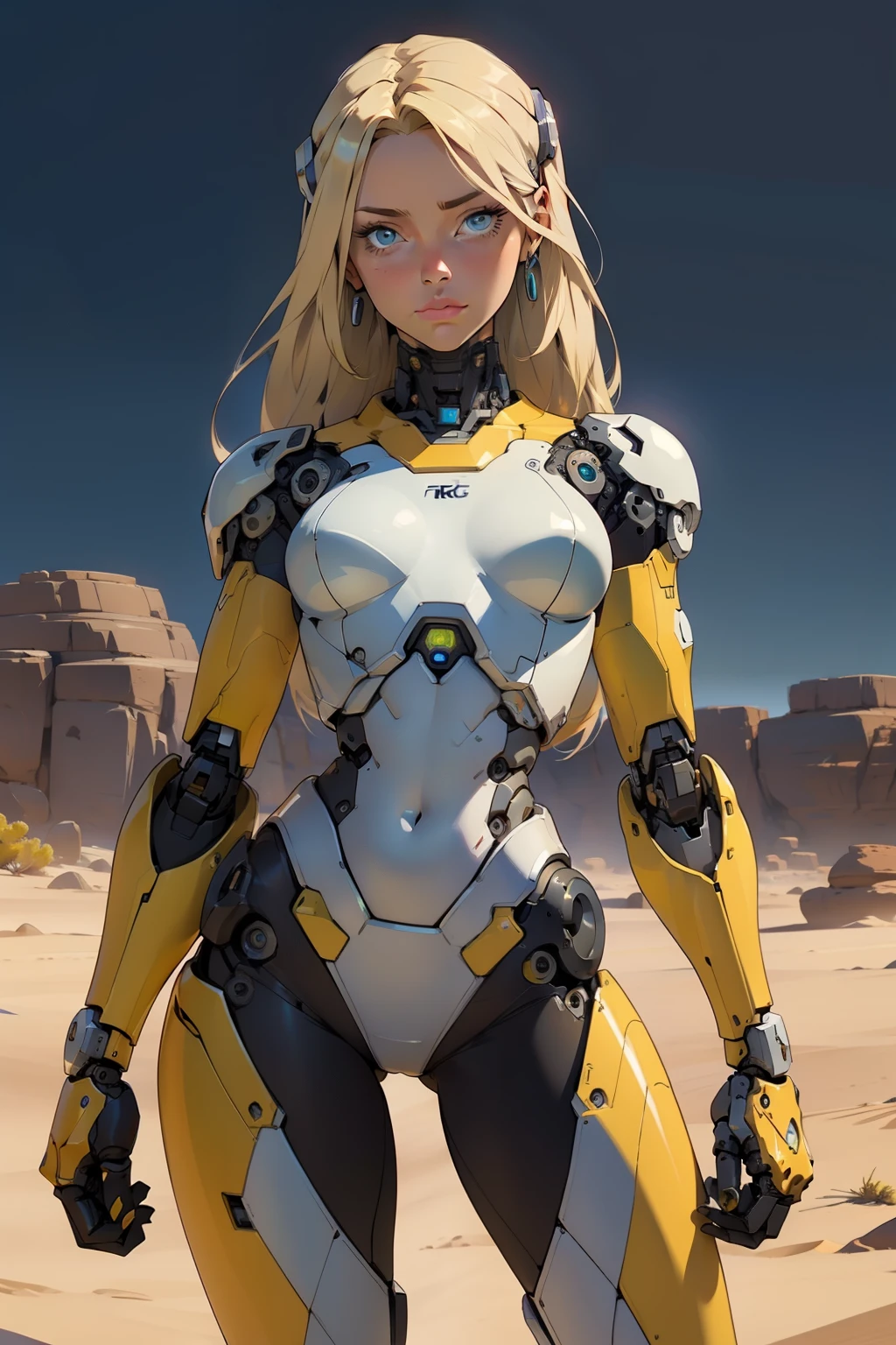 high quality, 4k, masterpiece, beautiful, cyborg girl, cowboy shot, dull eyes, looking at viewer, long blonde hair, girl, small breasts, fit thigh, robotic arms, robotic body, cyborg body, yellow accent, intricate detail, joint, detailed lines, robotic detail, holding fist up, holding hand up as fist, color robotic parts, robotic parts with color, perfect fingers, on a desert planet, sunny background, colorful desert,