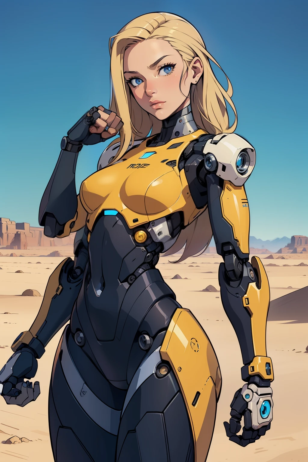 high quality, 4k, masterpiece, beautiful, cyborg girl, cowboy shot, dull eyes, looking at viewer, long blonde hair, girl, small breasts, fit thigh, robotic arms, robotic body, cyborg body, yellow accent, intricate detail, joint, detailed lines, robotic detail, holding fist up, holding hand up as fist, color robotic parts, robotic parts with color, perfect fingers, on a desert planet, sunny background, colorful desert,