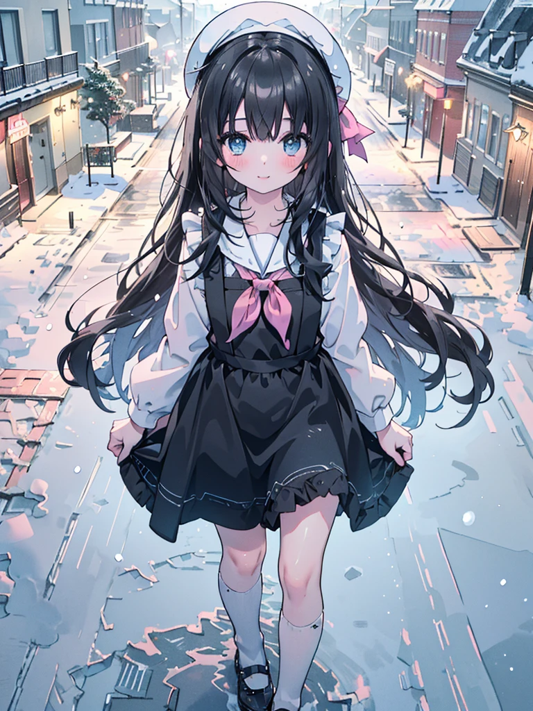 photo realistic, (masterpiece,best quality:1.4),(8k,raw photo,photo realistic:1.2),Not Safe for Work, detailed skin,detailed face,1girl, idol, cute face, super resolution,retro realistic details Illustration,,{{{elaborate,intricately,fantastic,delicately,tremendous,meticulous,minute,incredibly,obsessed,artisan's,subtle,virtuoso,skillful,vibrant, vivid, complex}}}, clearly focus edge, fresh natural gradation, best quality, amazing quality, very aesthetic, absurdres, (((Black pinafore dress))), mini skirt, (Pink ruffle apron),　frilled panties, happy, medium bob, (Black hair), ((straight hair)), shimmering eyes, Blue eyes, droopy eyes, long hair, hair pulled back, , , 10-yo, a smile, red blush, (((wearing a white sling on head))), up-skirt, (White beret,Comes with a Pink bow), ((White kneehighs)), loafers, School backpack, flat chest, beautiful hands, ((yellow neckerchief)), baby face , staem, game cg, ((School attendance scene)), (detailed background, perfect lighting, ((from just in front above)), ((pastelcolour)),(walking in the town:1.3),(outdoor:1.3),(in street:1.3), imagination, (((snow day))), falling snow,