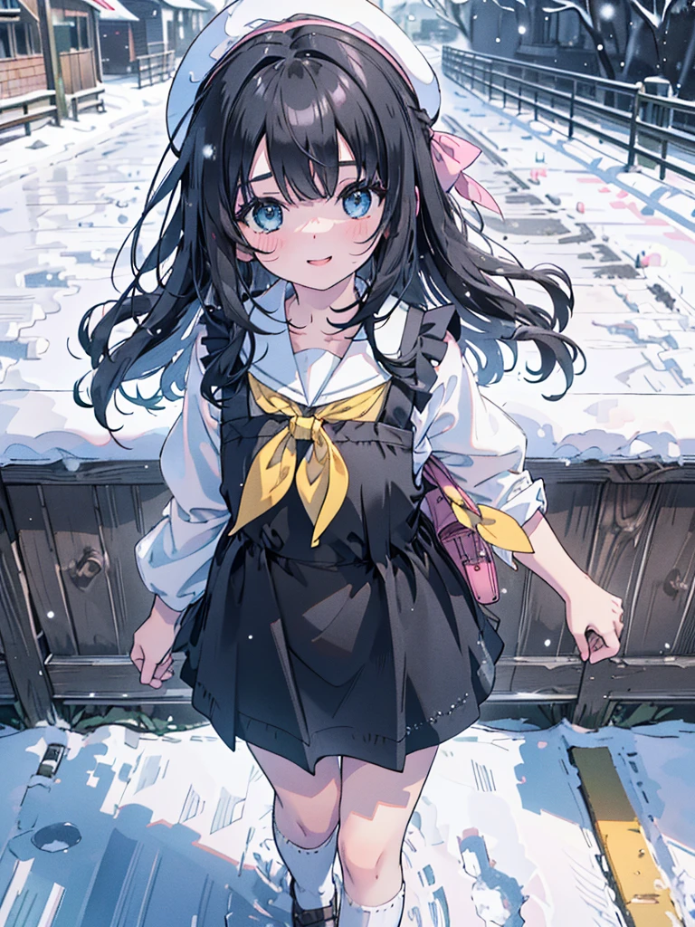 photo realistic, (masterpiece,best quality:1.4),(8k,raw photo,photo realistic:1.2),Not Safe for Work, detailed skin,detailed face,1girl, idol, cute face, super resolution,retro realistic details Illustration,,{{{elaborate,intricately,fantastic,delicately,tremendous,meticulous,minute,incredibly,obsessed,artisan's,subtle,virtuoso,skillful,vibrant, vivid, complex}}}, clearly focus edge, fresh natural gradation, best quality, amazing quality, very aesthetic, absurdres, (((Black pinafore dress))), mini skirt, (Pink ruffle apron),　frilled panties, happy, medium bob, (Black hair), ((straight hair)), shimmering eyes, Blue eyes, droopy eyes, long hair, hair pulled back, , , 10-yo, a smile, red blush, (((wearing a white sling on head))), up-skirt, (White beret,Comes with a Pink bow), ((White kneehighs)), loafers, School backpack, flat chest, beautiful hands, ((yellow neckerchief)), baby face , staem, game cg, ((School attendance scene)), (detailed background, perfect lighting, ((from just in front above)), ((pastelcolour)),(walking in the town:1.3),(outdoor:1.3),(in street:1.3), imagination, (((snow day))), falling snow,