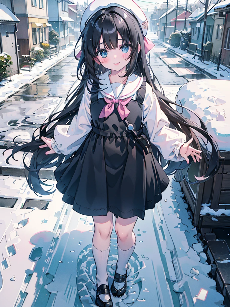 photo realistic, (masterpiece,best quality:1.4),(8k,raw photo,photo realistic:1.2),Not Safe for Work, detailed skin,detailed face,1girl, idol, cute face, super resolution,retro realistic details Illustration,,{{{elaborate,intricately,fantastic,delicately,tremendous,meticulous,minute,incredibly,obsessed,artisan's,subtle,virtuoso,skillful,vibrant, vivid, complex}}}, clearly focus edge, fresh natural gradation, best quality, amazing quality, very aesthetic, absurdres, (((Black pinafore dress))), mini skirt, (Pink ruffle apron), frilled panties, happy, medium bob, (Black hair), ((straight hair)), shimmering eyes, Blue eyes, droopy eyes, long hair, hair pulled back, , , 10-yo, a smile, red blush, (((wearing a white sling on head))), up-skirt, (White beret,Comes with a Pink bow), ((White kneehighs)), loafers, School backpack, flat chest, beautiful hands, ((yellow neckerchief)), , staem, game cg, ((School attendance scene)), (detailed background, perfect lighting, ((from just in front above)), ((pastelcolour)),(walking in the town:1.3),(outdoor:1.3),(in street:1.3), imagination, (((snow day))), falling snow,