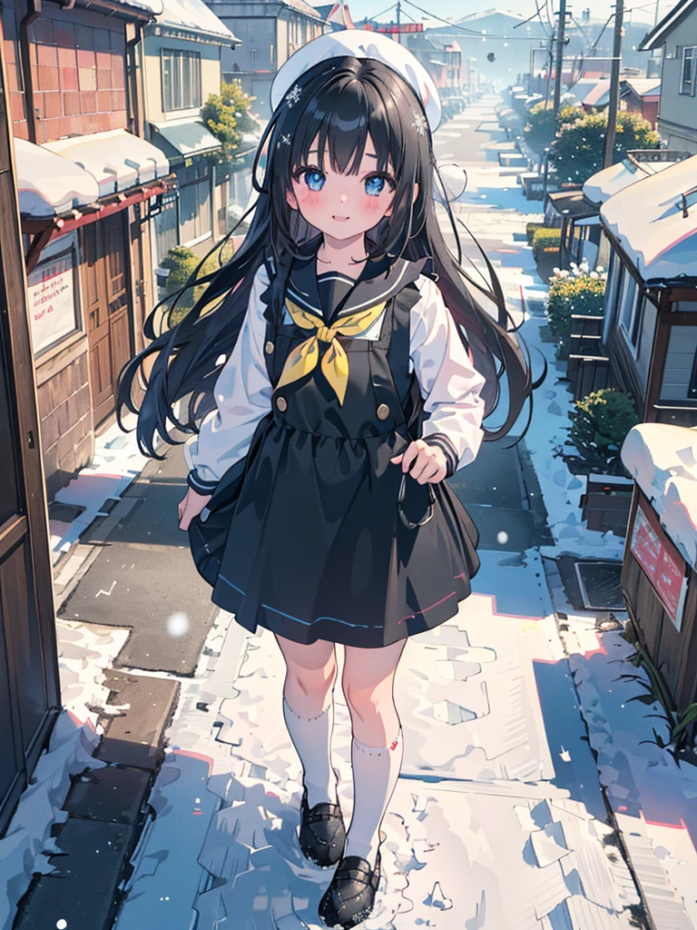 photo realistic, (masterpiece,best quality:1.4),(8k,raw photo,photo realistic:1.2),Not Safe for Work, detailed skin,detailed face,1girl, idol, cute face, super resolution,retro realistic details Illustration,,{{{elaborate,intricately,fantastic,delicately,tremendous,meticulous,minute,incredibly,obsessed,artisan's,subtle,virtuoso,skillful,vibrant, vivid, complex}}}, clearly focus edge, fresh natural gradation, best quality, amazing quality, very aesthetic, absurdres, (((Black pinafore dress))), mini skirt, (Pink ruffle apron), frilled panties, happy, medium bob, (Black hair), ((straight hair)), shimmering eyes, Blue eyes, droopy eyes, long hair, hair pulled back, , , 10-yo, a smile, red blush, (((wearing a white sling on head))), up-skirt, (White beret,Comes with a Pink bow), ((White kneehighs)), loafers, School backpack, flat chest, beautiful hands, ((yellow neckerchief)), baby face , staem, game cg, ((School attendance scene)), (detailed background, perfect lighting, ((from just in front above)), ((pastelcolour)),(walking in the town:1.3),(outdoor:1.3),(in street:1.3), imagination, (((snow day))), falling snow,