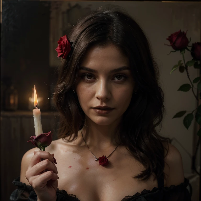 (highres, oil painting:1.2), vibrant dark, gothic style, detailed blood, small flame, fading rose petals, centered, white woman's hand holding a red rose