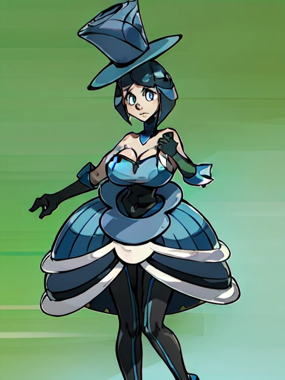 FostersStyle, masterpiece, abstract background, sfw, massive tits, looking at viewer, AAEVELYN,EYELASHES,BLUE EYES,BLUE HAIR,SHORT HAIR,TOP HAT,DRESS,BLACK GLOVES,ELBOW GLOVES,BLACK PANTYHOSE,HIGH HEELS