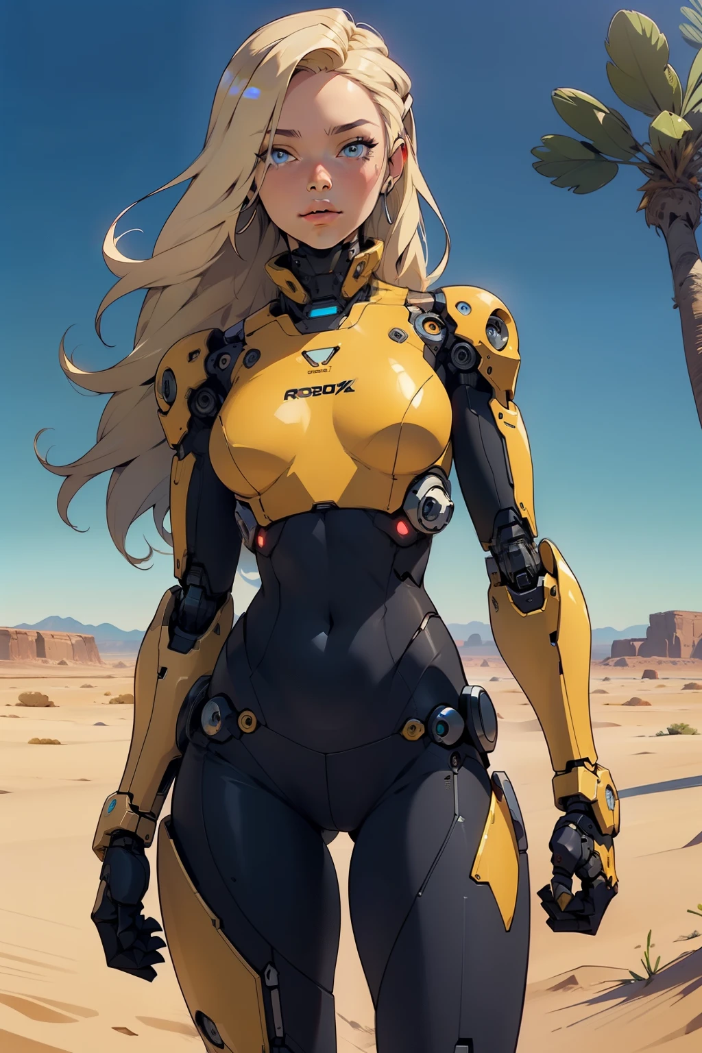 high quality, 4k, masterpiece, beautiful, cyborg girl, cowboy shot, dull eyes, looking at viewer, long blonde hair, girl, small breasts, fit thigh, robotic arms, robotic body, cyborg body, yellow accent, intricate detail, joint, detailed lines, robotic detail, holding fist up, holding hand up as fist, color robotic parts, robotic parts with color, perfect fingers, on a desert planet, sunny background, colorful desert,