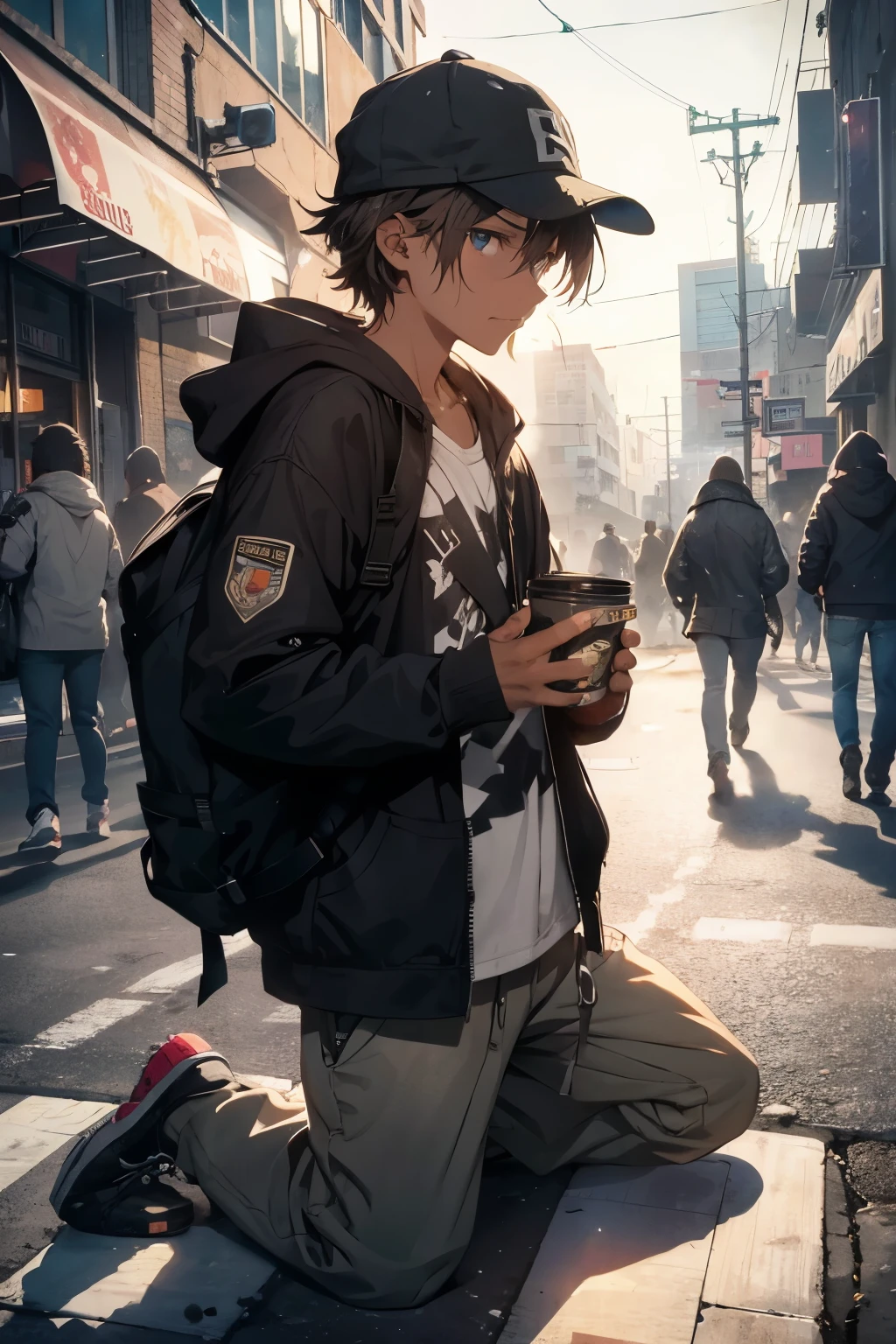 In the gritty reality of the urban jungle, a beggar, clad in ragged clothes, hunkered down on the pavement with a cup in hand. His eyes, weary and tired, scanned the passing crowd, hoping for a glimmer of kindness. The sun cast long shadows on the cracked sidewalk, and the air was heavy with the scent of exhaust and the distant hum of traffic.
Suddenly, a dollar bill fluttered to the ground next to him, and the beggar's eyes lit up with hope. He lunged forward, his gnarled hands scooping up the precious coin with a sense of triumph. The simple act of charity, a glimmer of