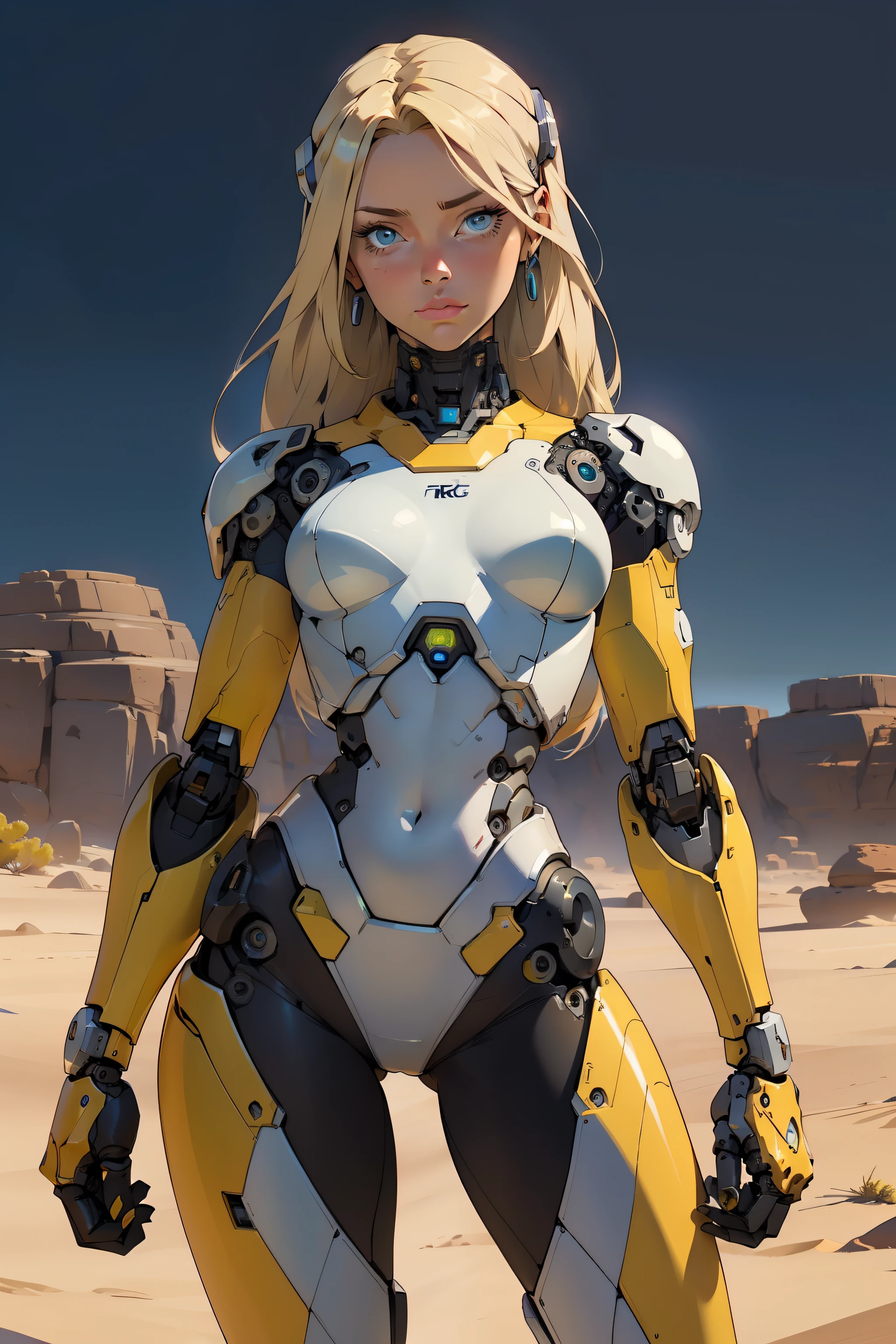 high quality, 4k, masterpiece, beautiful, cyborg girl, cowboy shot, dull eyes, looking at viewer, long blonde hair, girl, small breasts, fit thigh, robotic arms, robotic body, cyborg body, yellow accent, intricate detail, joint, detailed lines, robotic detail, holding fist up, holding hand up as fist, color robotic parts, robotic parts with color, perfect fingers, on a desert planet, sunny background, colorful desert,